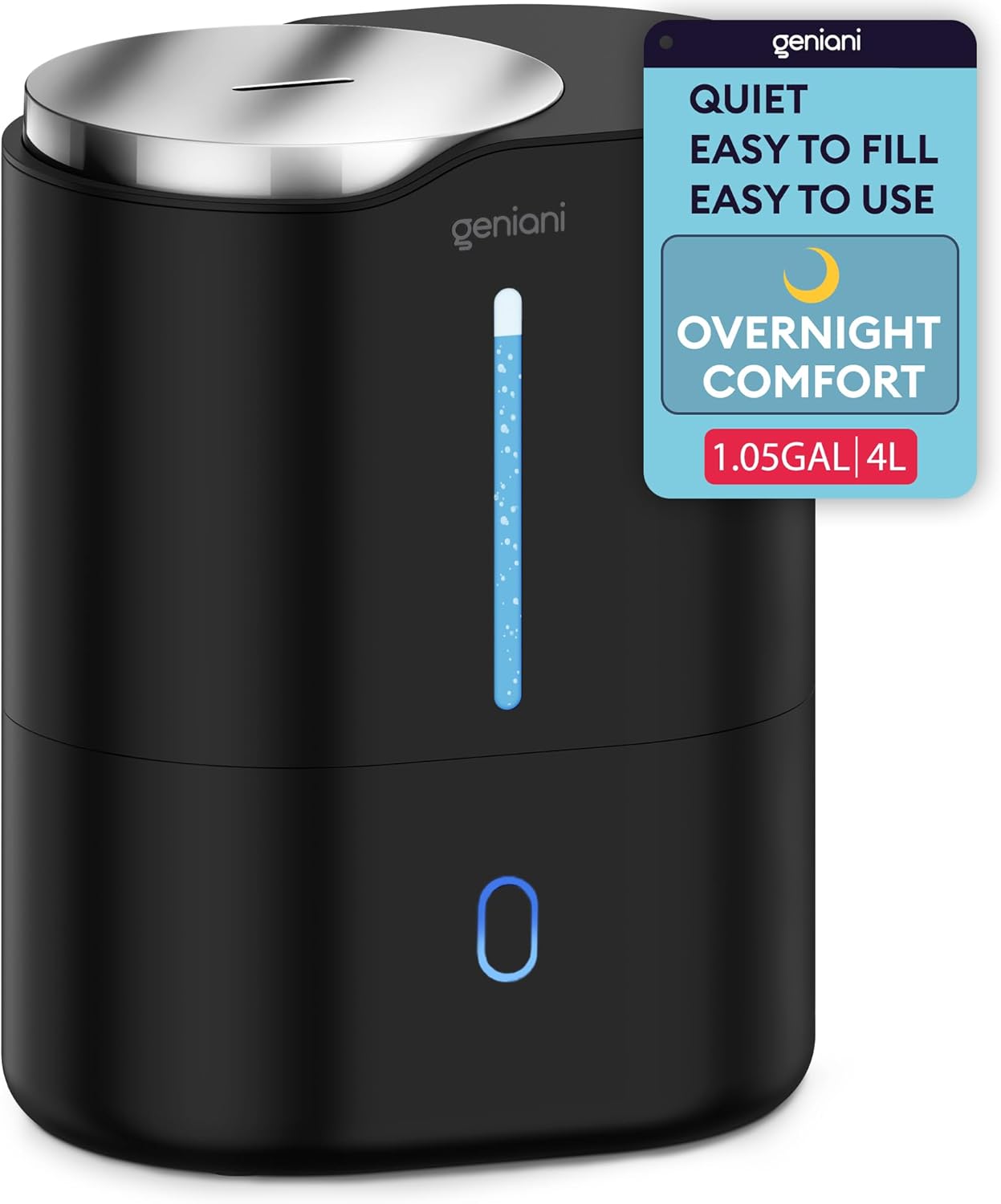 GENIANI Ultrasonic Cool Mist Humidifier for Bedroom, Large Rooms, Home, 4L - Easy Fill & Clean Humidifier for Plants w/Auto Shut-off, 40H Runtime - Quiet, Top Fill Air Humidifier & Vaporizer for Baby 4L Black