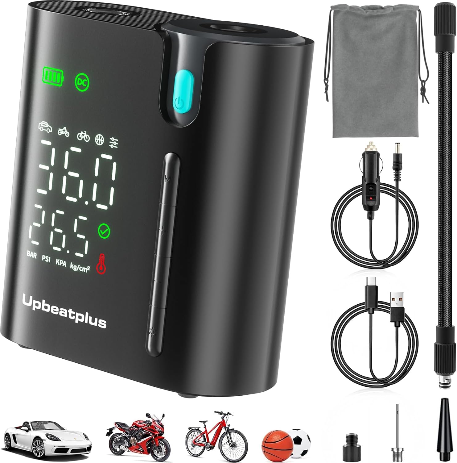 T1 Portable Tire Inflator with 160 PSI, 4X Faster Air Pump, Wireless Car Tire Inflator with Pressure Gauge, Suitable for Car, Motorcycle, Bicycle, and Ball Inflation