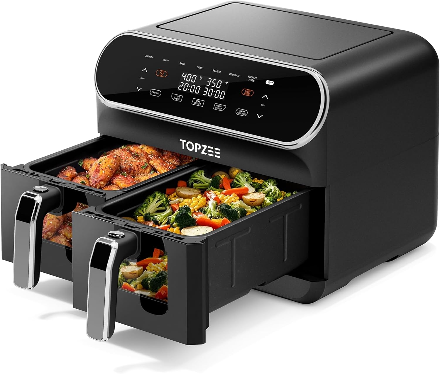 8-QT Large Air Fryer - Dual Basket Airfryer with Clear Windows, Preheat, Air Fry, Roast, Broil, Bake, Dehydrate, 2 Independent 4 QT Nonstick Dishwasher Safe Baskets, Black