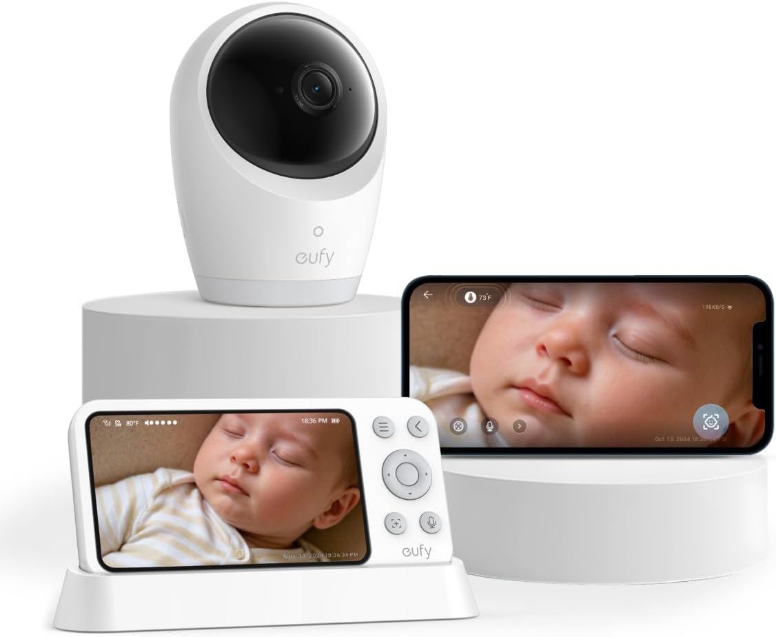 eufy Security Baby Monitor E21 with 4K UHD Camera, 5\'\' 720p Display, 8X Zoom, Hybrid Wi-Fi and No Wi-Fi Connection, 24/7 Recording in app, Pan-Tilt, Portable Camera with Built-in Battery, ANR