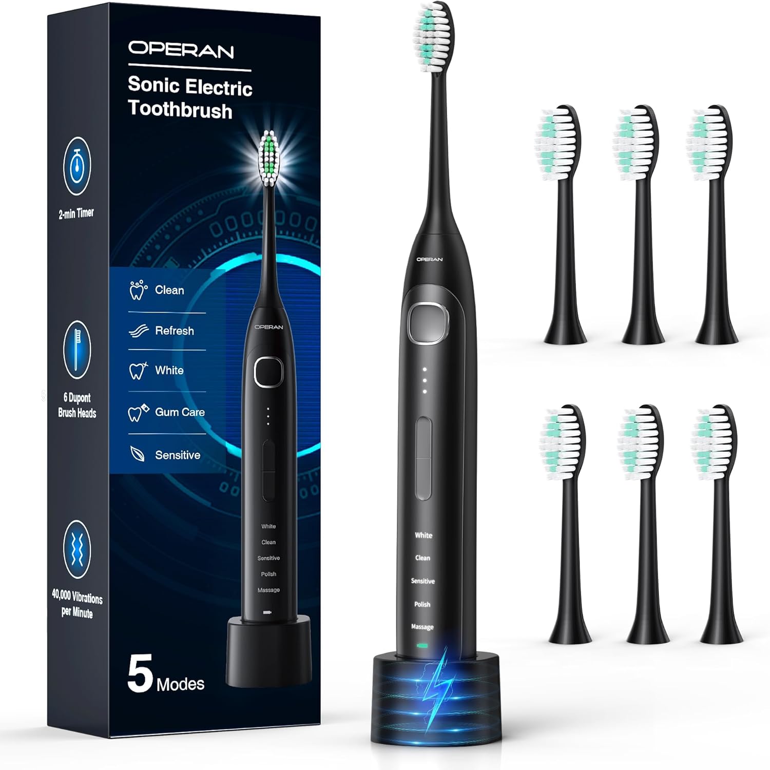 Operan Electric Toothbrush for Adults and Kids High Power Sonic Rechargeable Toothbrush with Smart Timer 5 Modes 6 Brush Heads 40,000 VPM Motor 6 Hours Fast Charge for 100 Days (Black) Matte Black