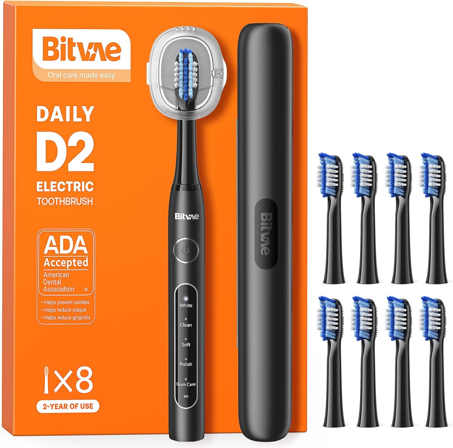 Bitvae Ultrasonic Electric Toothbrush for Adults and Kids, ADA Accepted Travel Electric Toothbrush with Rechargeable 60-Day Battery Life, 8 Toothbrush Heads, 5 Modes, Toothbrush Holder, Shadow Black