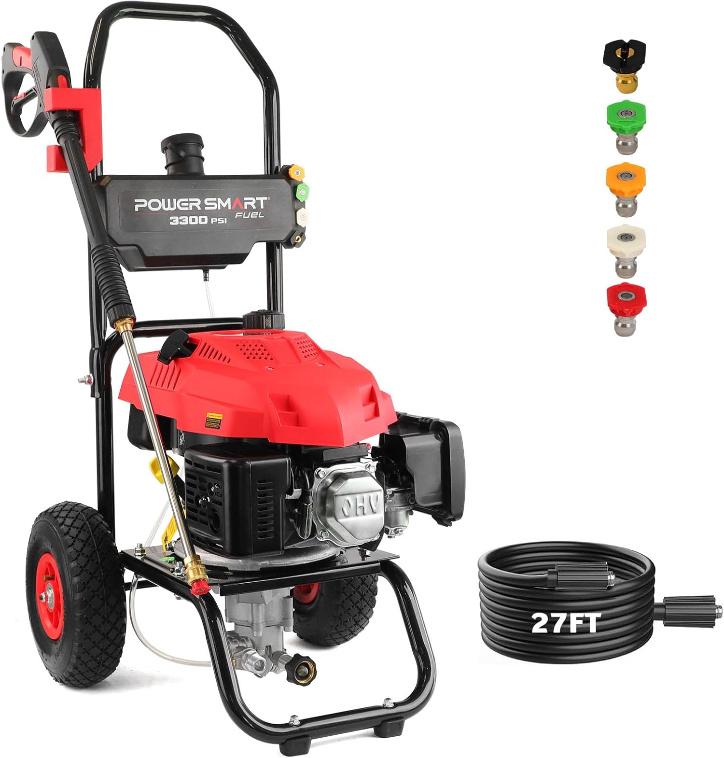 PowerSmart Gas Pressure Washer 3300 PSI, 2.5 GPM, 201cc, 3800W with Onboard Soap Tank, Metal Spray Wand, 5 Nozzle for Cleaning Equipment, Decks, Driveways, Two Story Homes, Paint prep (DB1050)