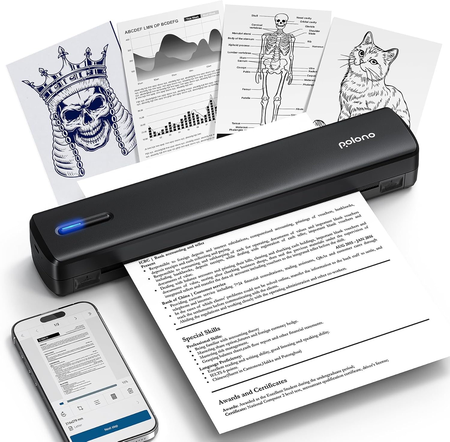 POLONO Portable Printer Wireless for Travel, D810 Bluetooth Thermal Printer Support for 8.5x11 US Letter, Inkless Compatible with iOS, Android, Laptop for Office, Car and Home, Black