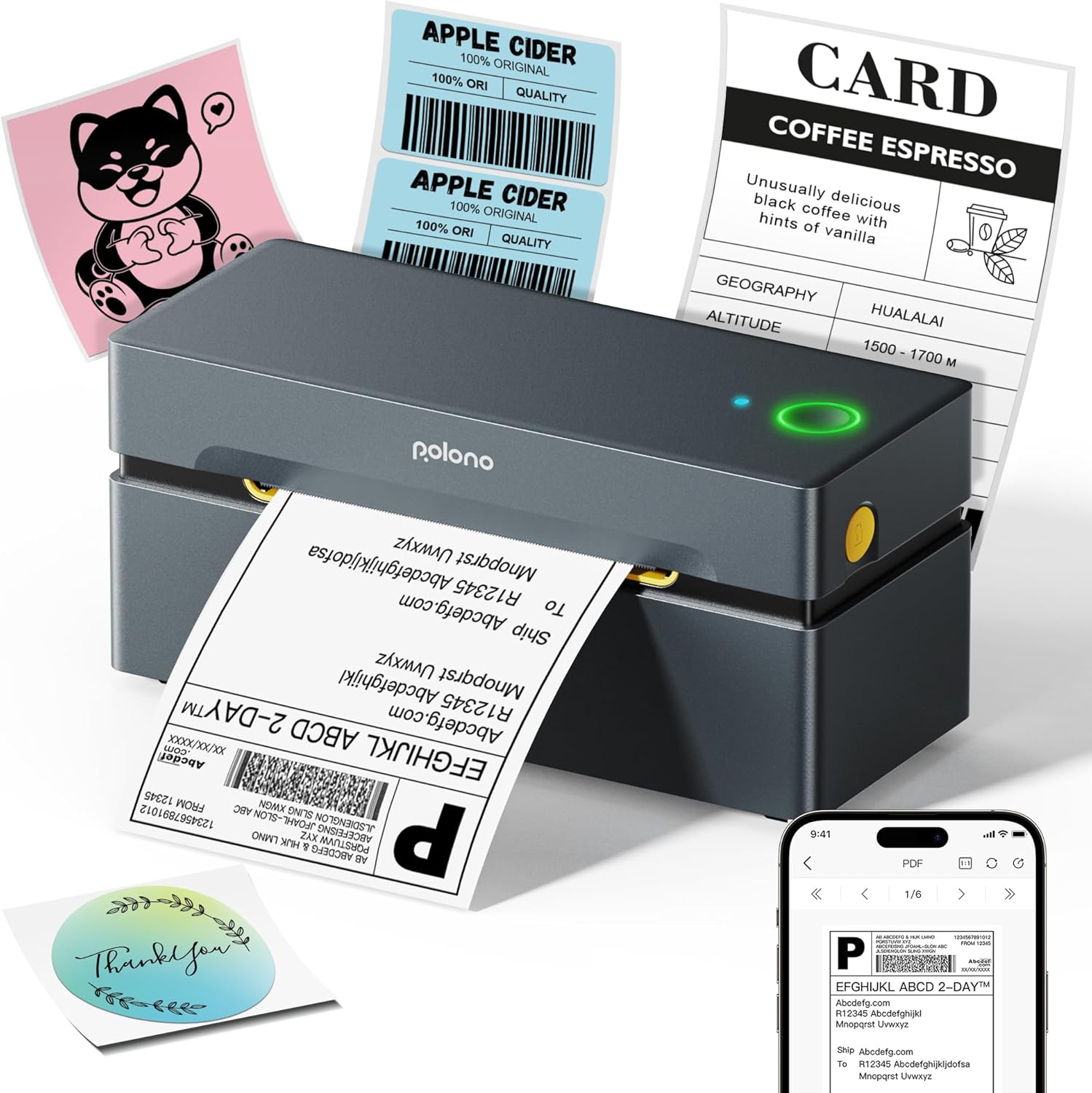 POLONO Bluetooth Thermal Shipping Label Printer, Wireless 4x6 Shipping Label Printer for Small Business, Support iOS, Android, Windows and Mac, Compatible with Amazon, Ebay, Shopify, Etsy, USPS (Grey)
