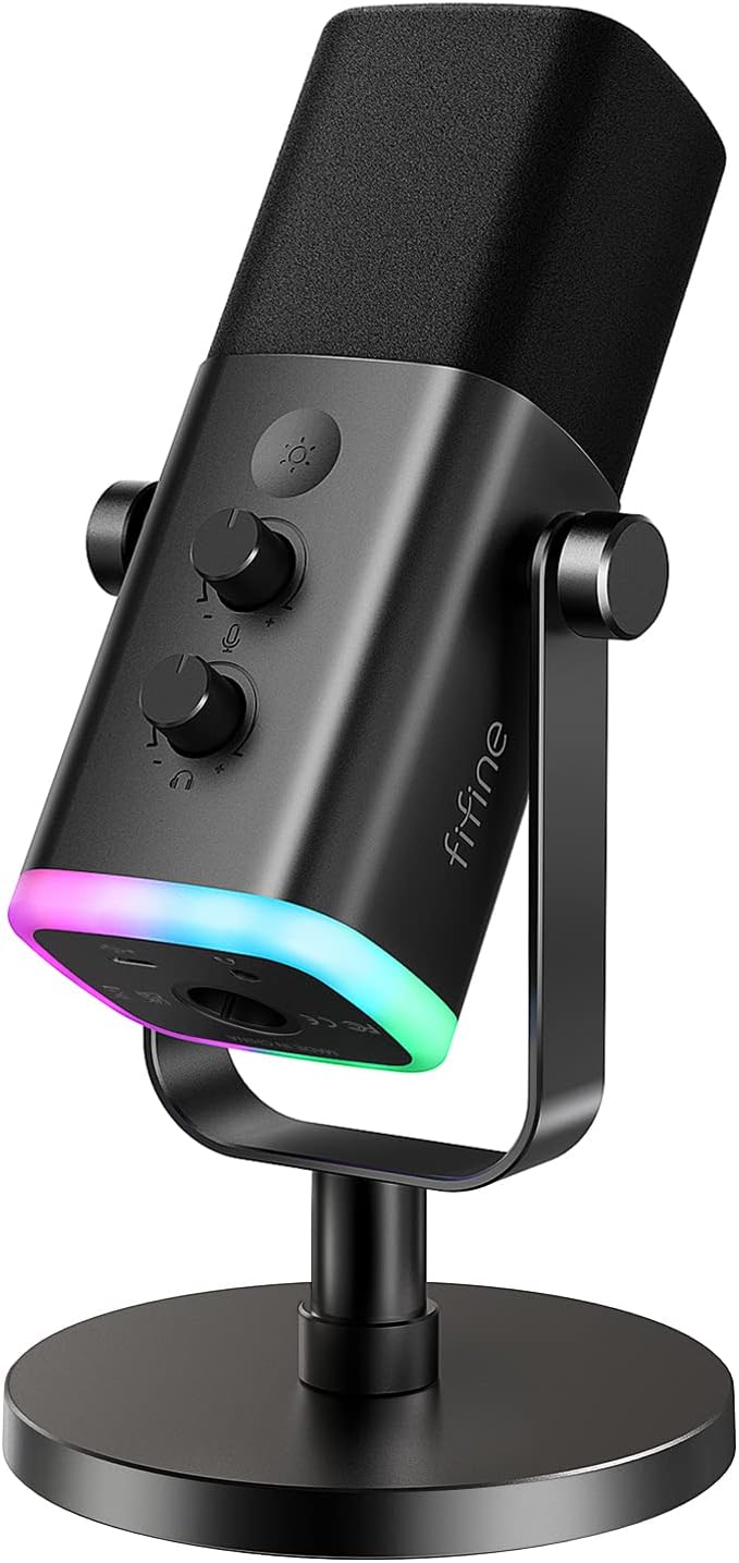 FIFINE USB/XLR Dynamic Microphone for Podcast Recording, PC Computer Gaming Streaming Mic with RGB Light, Mute Button, Headphones Jack, Desktop Stand, Vocal Mic for Singing YouTube-AmpliGame AM8