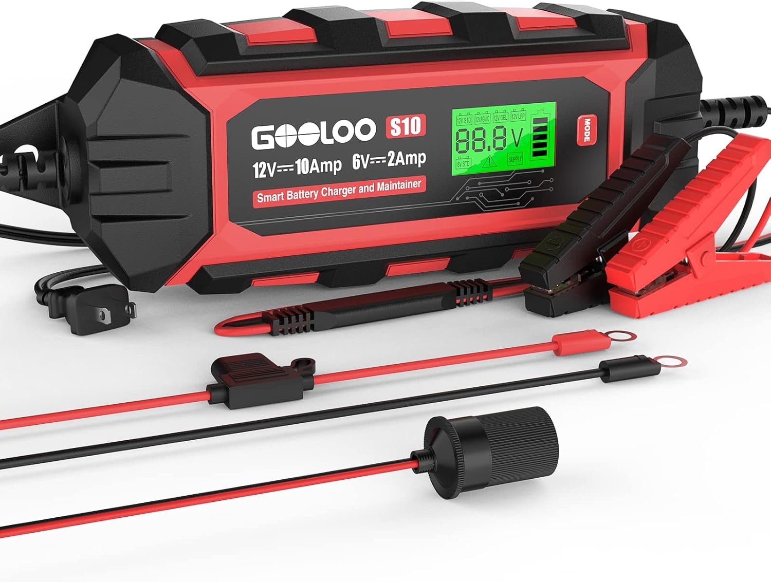 GOOLOO 10-Amp Car Battery Charger, 6V and 12V Fully Automatic Battery Charger Maintainer, Trickle Charger, Supersafe Smart Battery Desulfator for Lead-Acid Batteries(S10)