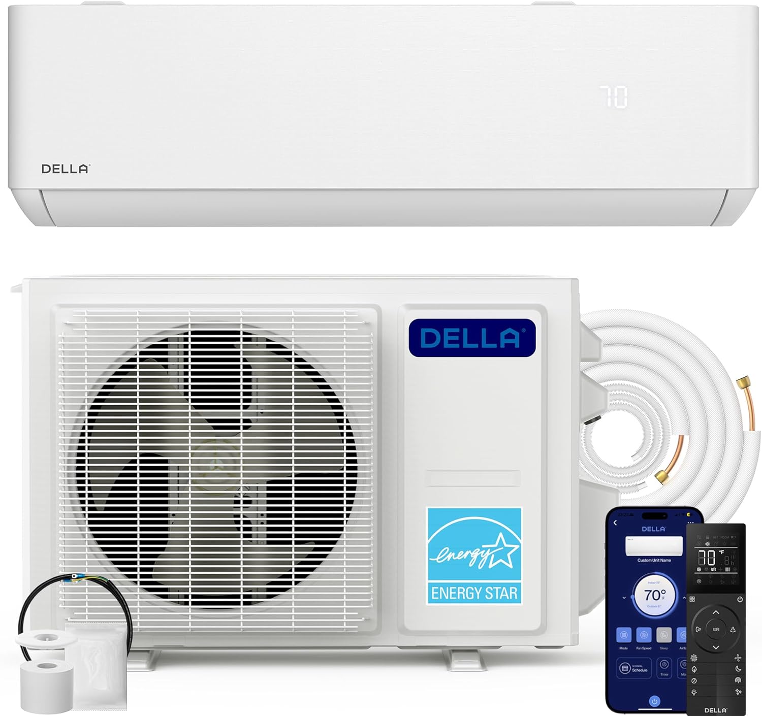 DELLA Hyper Heat Lower as -13°F 12,000 BTU WiFi Mini Split,Work with Alexa,Energy Star 115V 22 SEER2,Cools Up to 550 Sq. Ft,Inverter AC with 1 Ton Pre-Charged Heat Pump & 16.4ft Installation Kits