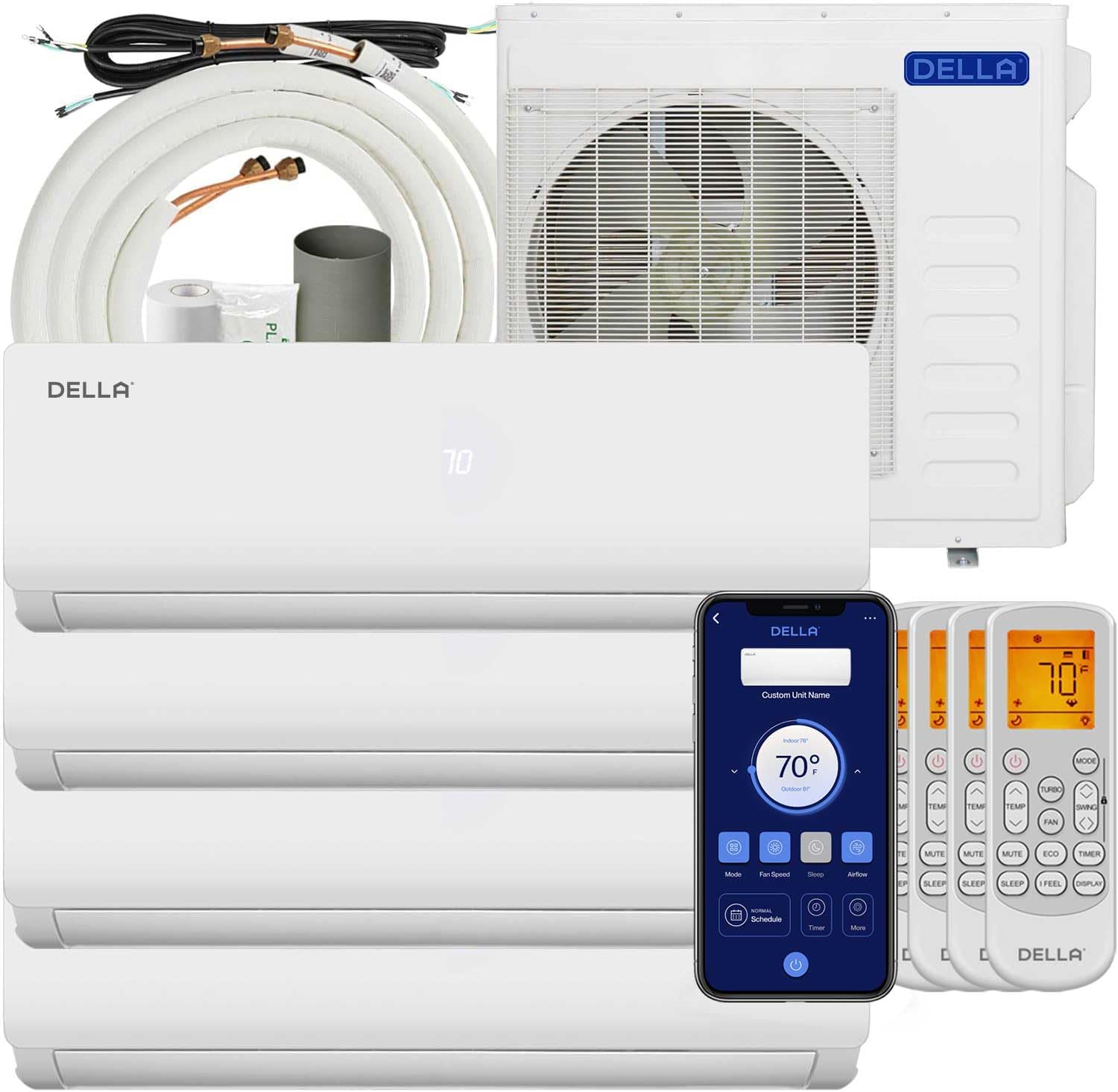 Della 36K BTU (9K 12K) ODU Quad 4 Zone 19 SEER2 208-230V Cools Up to 1750 Sq.Ft, Works with Alexa, Wifi Energy Efficient Multi Zone Mini Split Air Conditioner Pre-Charged Heat Pump Full Set
