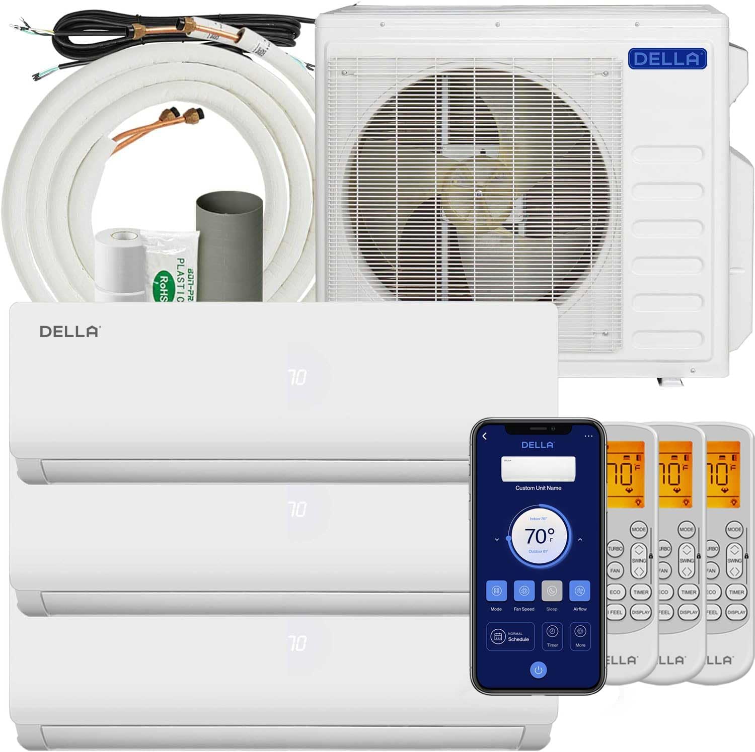 Della 27K BTU (9K 12K 12K BTU) ODU Tri 3 Zone Air Conditioner, Works with Alexa and Wifi, 19 SEER2 208-230V Cools Up to 1500 Sq.Ft Energy Efficient Multi Zone Pre-Charged Heat Pump Full Set