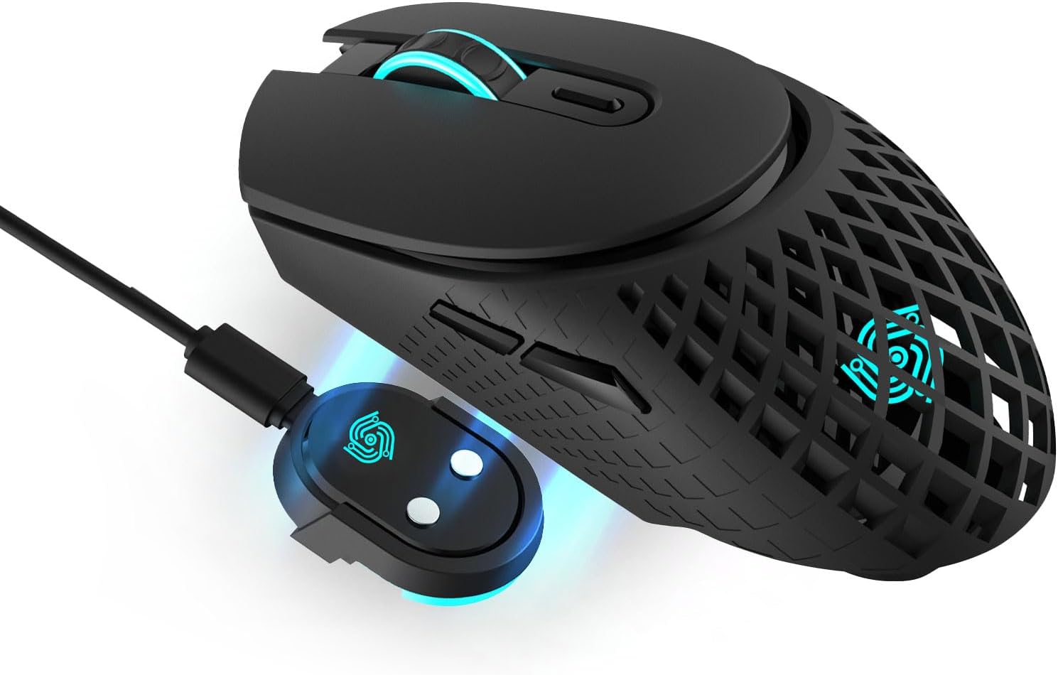 Nightwalker Gaming Mouse Wireless-Magnetic Charging Dock, RGB Breathing Lighting, Honeycomb Shell, 2.4 GHz for PC Mac PS4 PS5, MKE 824-Black