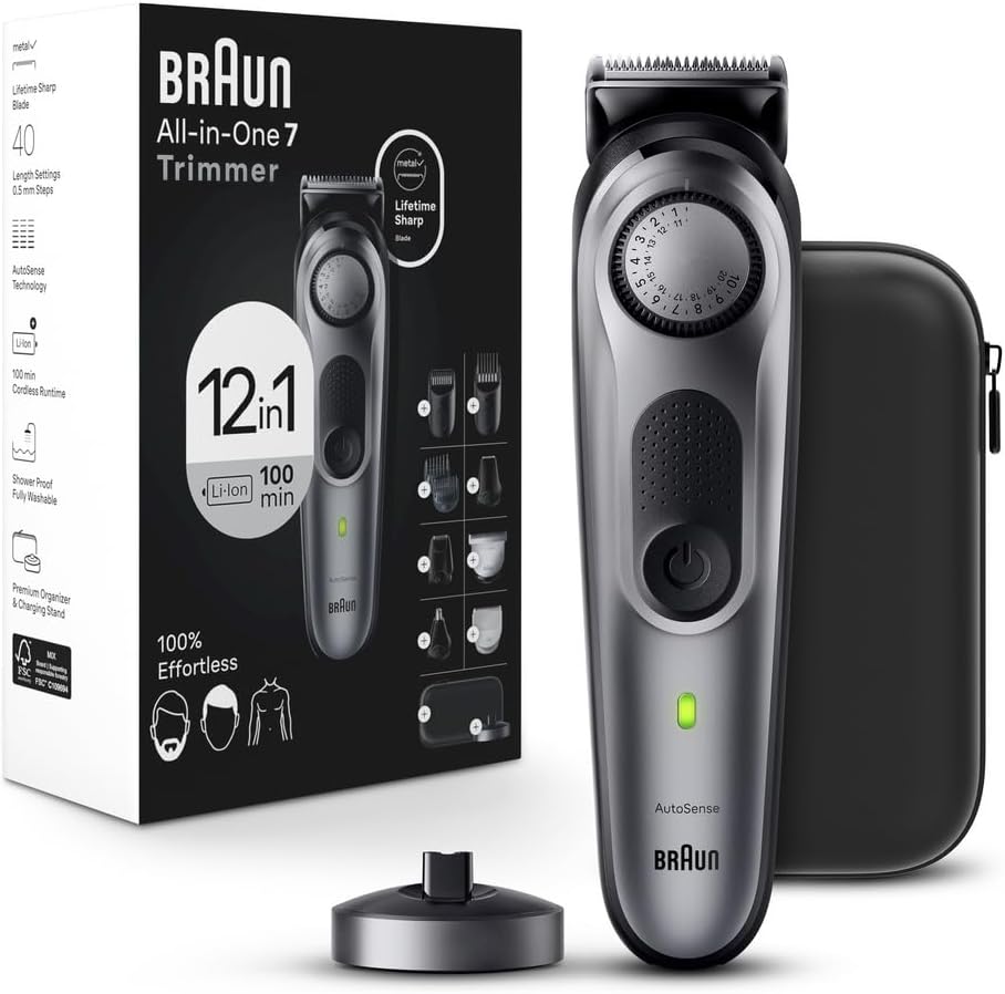 Braun All-in-One Men\'s Shaving Kit Series 7 7440, 12-in-1 Beard, Face, Nose, Ear Trimmer, Hair Clippers, Body Groomer and Manscaping