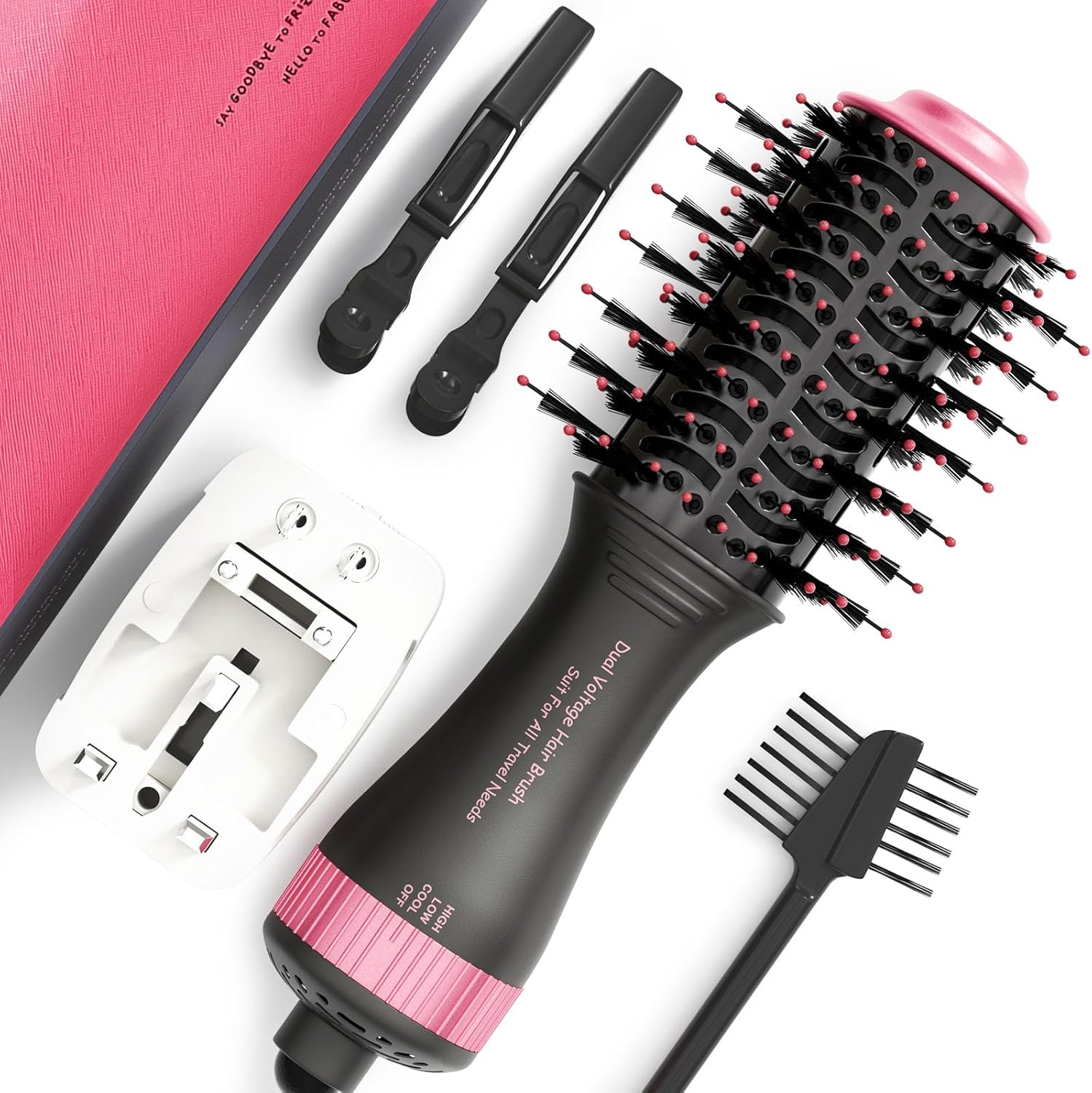 Travel Dual Voltage Hair Dryer Brush Blow Dryer Brush in One,Portable 2 inch Mini Hot Air Brush,Travel Hair Tools/Volumizer/Straightener/Curler,European Blow Dry Brush with Universal Adapter