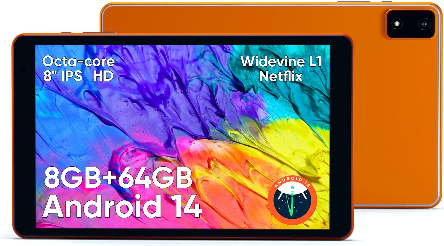 8 inch Tablet, 2 Years Protection Metal Body Octa-Core Processor Android 14 Tablet , 8GB RAM, 4000mAh Battery, 64GB Storage, 6 FT Charging Cable, Reinforced Type-C Port, Dual-speakers, Orange