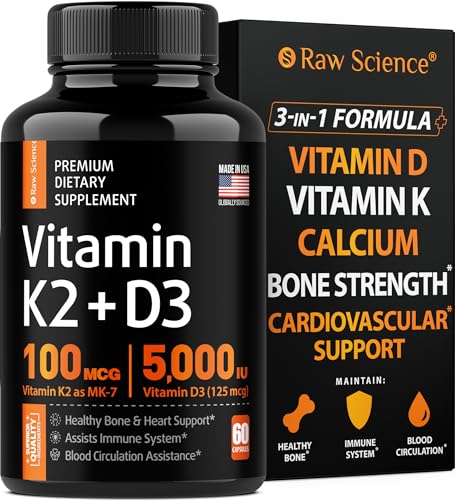 Vitamin D3 K2 Calcium Supplement - Vitamin D 5000 IU + Vitamin K2 MK7 100 mcg, Bone Strength & Heart Health Supplements for Women & Men, D3K2 Teeth Vitamins with Bioperine, US-Made Non-GMO 60 Capsules