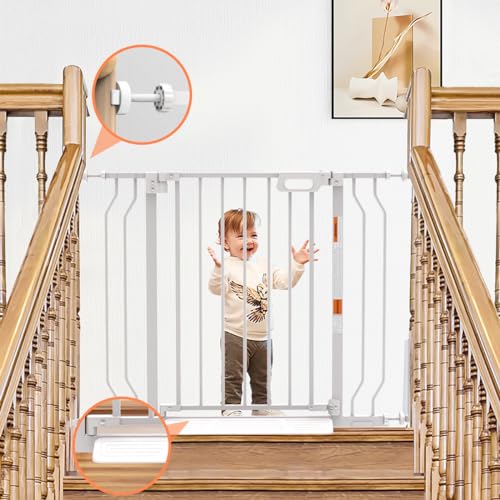 Mom\'s Choice-GROWNSY Baby Gate for Stairs, 29.5-48.4 Pressure Mounted Baby Gate for Top of Stair&Doorway with V-Shaped Rods, Anti-Trip Pedal, Extra Wide Stairs Dog Gate Easy Install w/Red Reminder