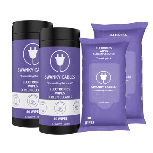 Swanky Cables Screen Cleaner Wipes Bundle - Electronic Wipes for Screens, Computer, Phone, TV, Monitor and Lens, Tech Cleaning Supplies, Includes Microfiber Cloth - 2 Canister & 2 Soft Wipes
