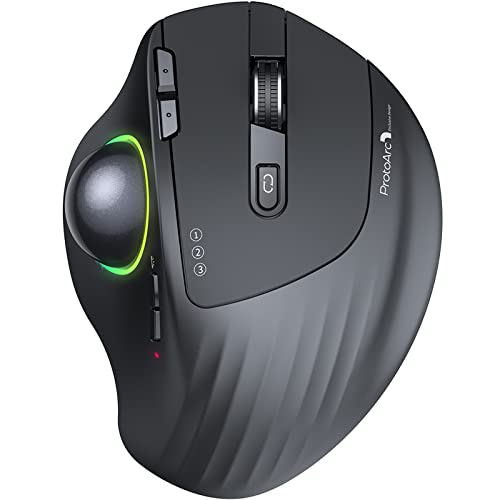 ProtoArc Wireless Bluetooth Trackball Mouse, EM01 2.4G RGB Ergonomic Rechargeable Rollerball Mice with 5 Adjustable DPI, 3 Device Connection&Thumb Control, for PC, iPad, Mac, Windows-Black