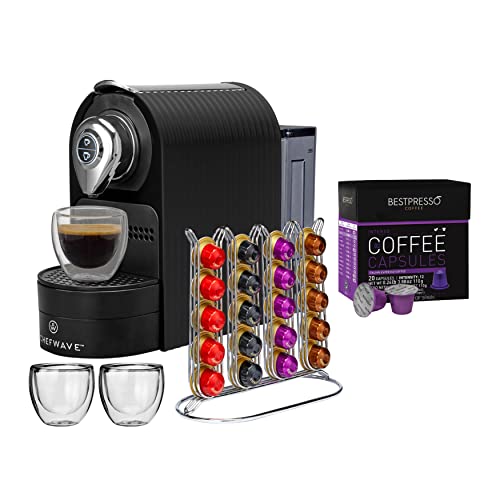 ChefWave Espresso Machine Compatible with Nespresso Capsules (Black) Bundle with 20-Count Intenso Dark Roast Coffee Capsules and Capsule Holder (2 Items)