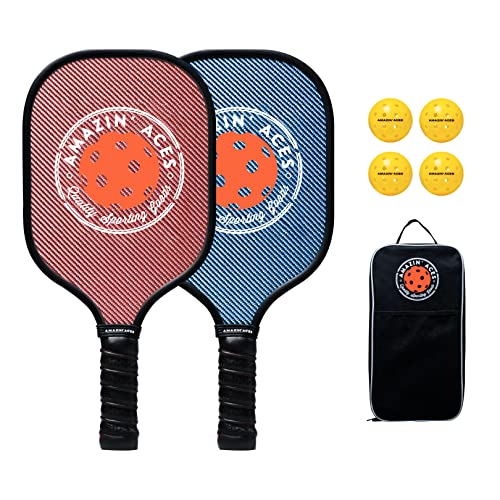 Amazin\' Aces Carbon Fiber Pickleball Paddle Set in Blue and Pink - 2 Pickleball Rackets with Carbon Fiber Face and Polymer Core, 4 Outdoor Balls, and 1 Carry Bag