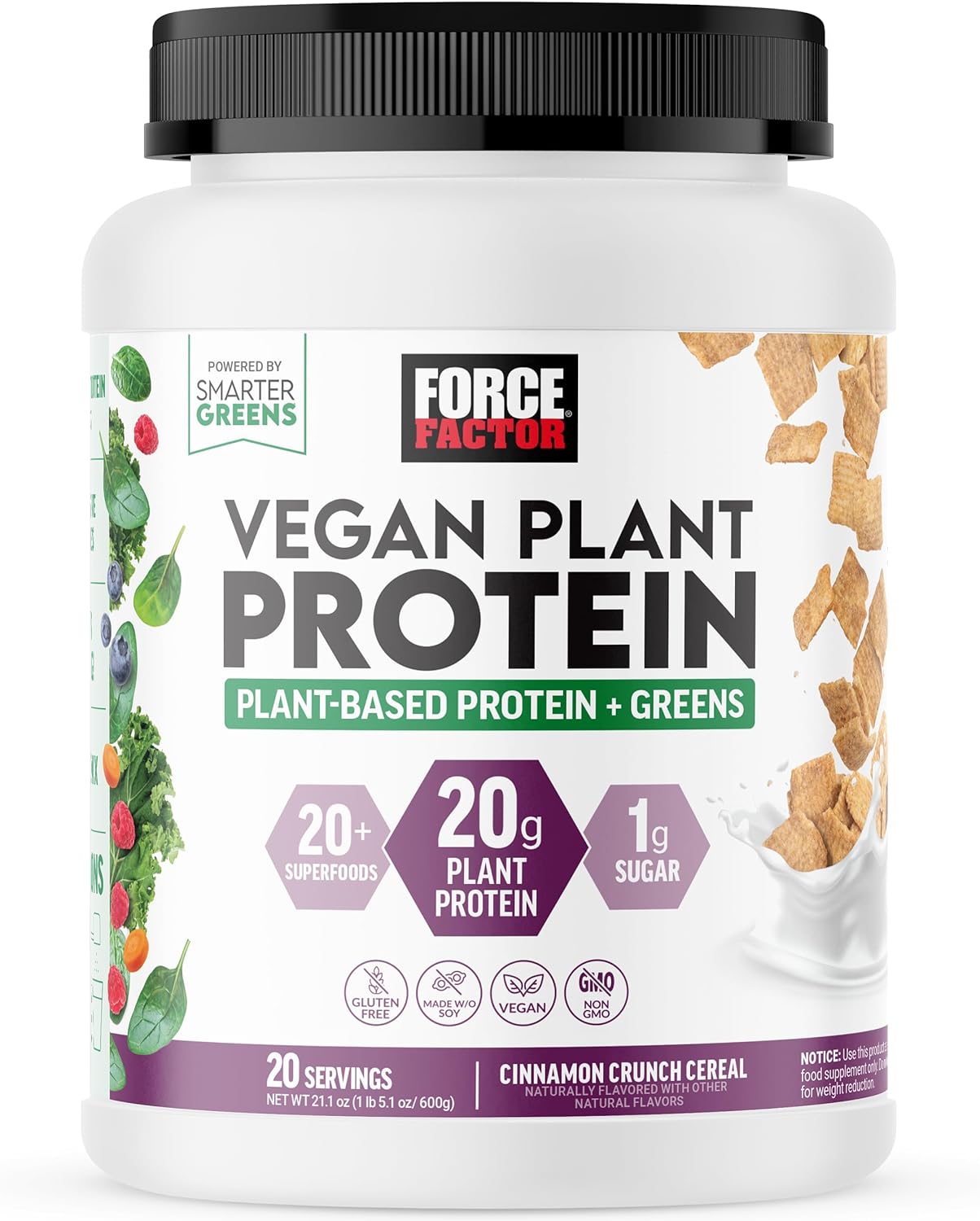 FORCE FACTOR Vegan Plant Protein, Plant-Based Protein + Greens, Greens Powder with 20g Plant Based Protein, Digestive Enzymes, and Fiber, Cinnamon Cereal Flavor, 20 Servings (Packaging May Vary) Cinnamon Cereal 20 Servings (Pack of 1)