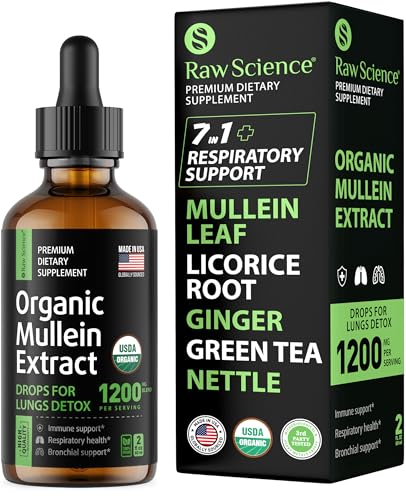 Organic Mullein Drops for Lungs - Respiratory Support & Mucus Relief - Lung Detox for Smokers: Mullein Leaf Extract, Licorice, Ginger, Oregano & Nettle Leaf, Thyme - Lung Cleanse Herbal Extract, 2oz