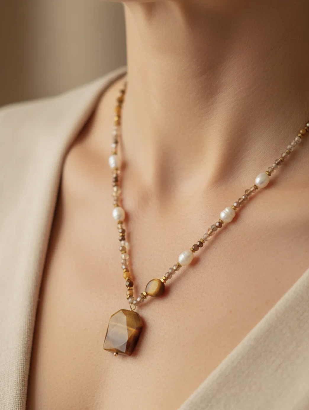 Collier porté, perles blanches, détails dorés et pendentif brun facetté