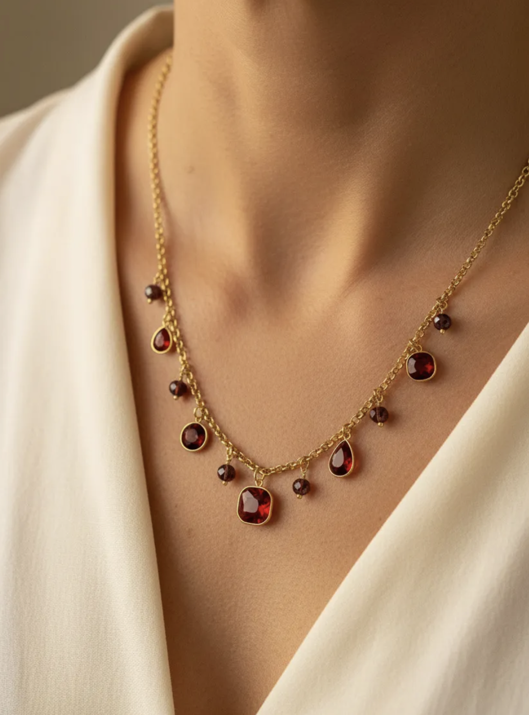 Collier Ravello : Ornements facettés ronds, carrés et en goutte, accompagnés de petites perles