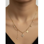 Collier Bellagio : Motifs floraux, détails clairs et chaîne asymétrique avec partie pendante