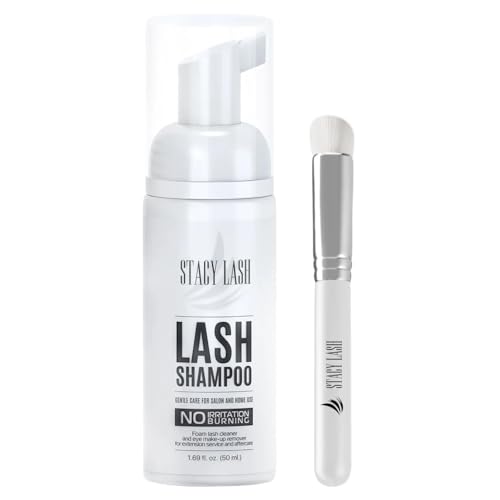 STACY LASH Eyelash Extension Shampoo + Brush /1.69 fl.oz/ 50ml / Eyelid & Eyebrow Foaming Cleanser/Wash for Extensions & Natural Lashes/Safe Makeup Remover/Supplies for Professional & Home Use