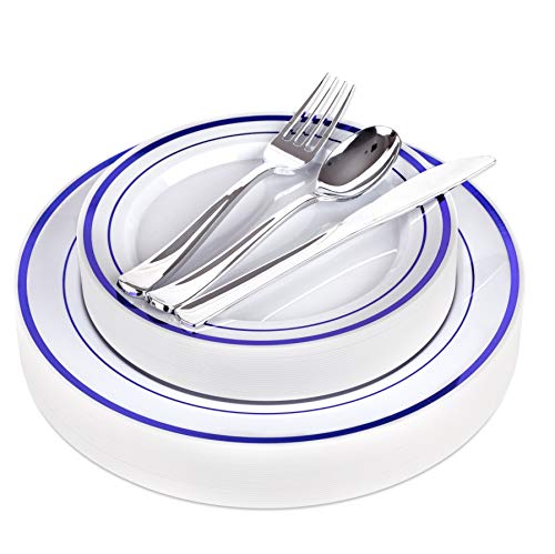 125-Piece White and Blue Fancy Plastic Plates Disposable with Silverware, Elegant Dinnerware for Weddings, Holiday Party China, Set of 25 Dinner + Salad Plates, 25 Spoons, 25 Forks, 25 Knives