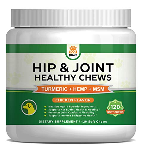 100 Paws Hip & Joint Supplement for Dogs - Hemp Oil Infused Soft Chews Dog Treats w/Glucosamine, Turmeric, Chondroitin, MSM & Omega 3 6 9 -Supports Pet Mobility & Pain Relief-120 Treat Bites