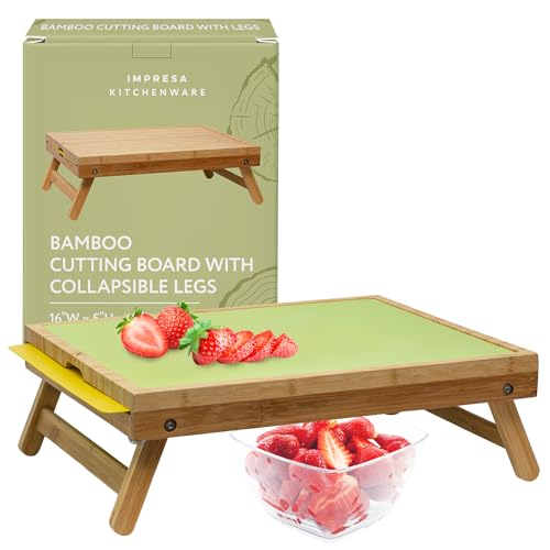 IMPRESA Large Raised Bamboo Cutting Board for Kitchen with 2 Cutting Mats - Wooden Cutting Board with Legs - Kitchen Cutting Boards for Countertop - for Kitchen - Chopping Board - 16x5x13