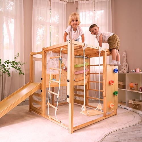 Avenlur Indoor Playground Montessori Gym – Alpine Indoor Wooden Jungle Gym – Indoor Swing, Toddler Toys, Baby Climbing Toys, & Rock Wall for Kids – Perfect for Active Fun & Skill Development, Ages 2-8
