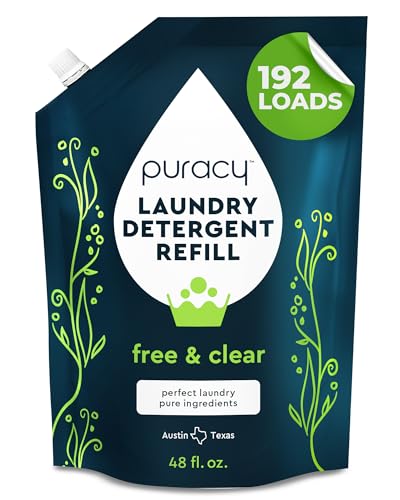 Puracy Liquid Enzyme Laundry Detergent Refill-1,4 Dioxane Free, Natural, Scent-Free Gentle Laundry Detergent Liquid Concentrate Laundry Pouch with Stain Fighting Enzymes 192 loads Free & Clear, 48 oz