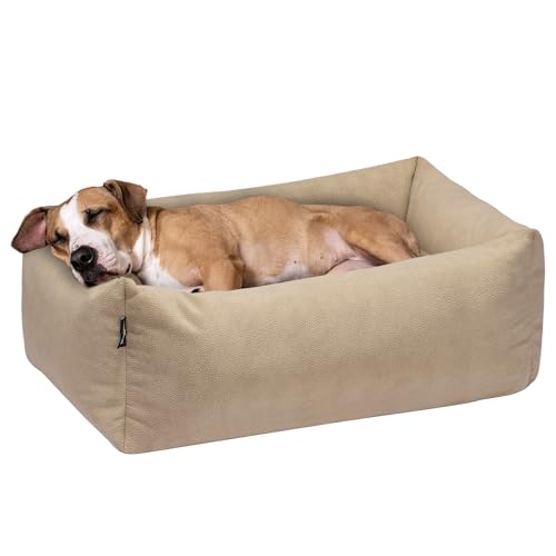 Miorun Wipe-Clean Dog Beds for Medium Large Sized Dog, 36in Orthopedic Foam Dog Sofa for Joint Relief, Calming Durable Dog Couch with Side for Head and Neck Support, Removable Cover Washable(Camel, L)