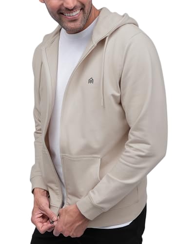 INTO THE AM Zip Up Hoodies for Men - Casual Lightweight Fleece Slim Fit Basic Zipper Sweatshirt (Beige, Large)