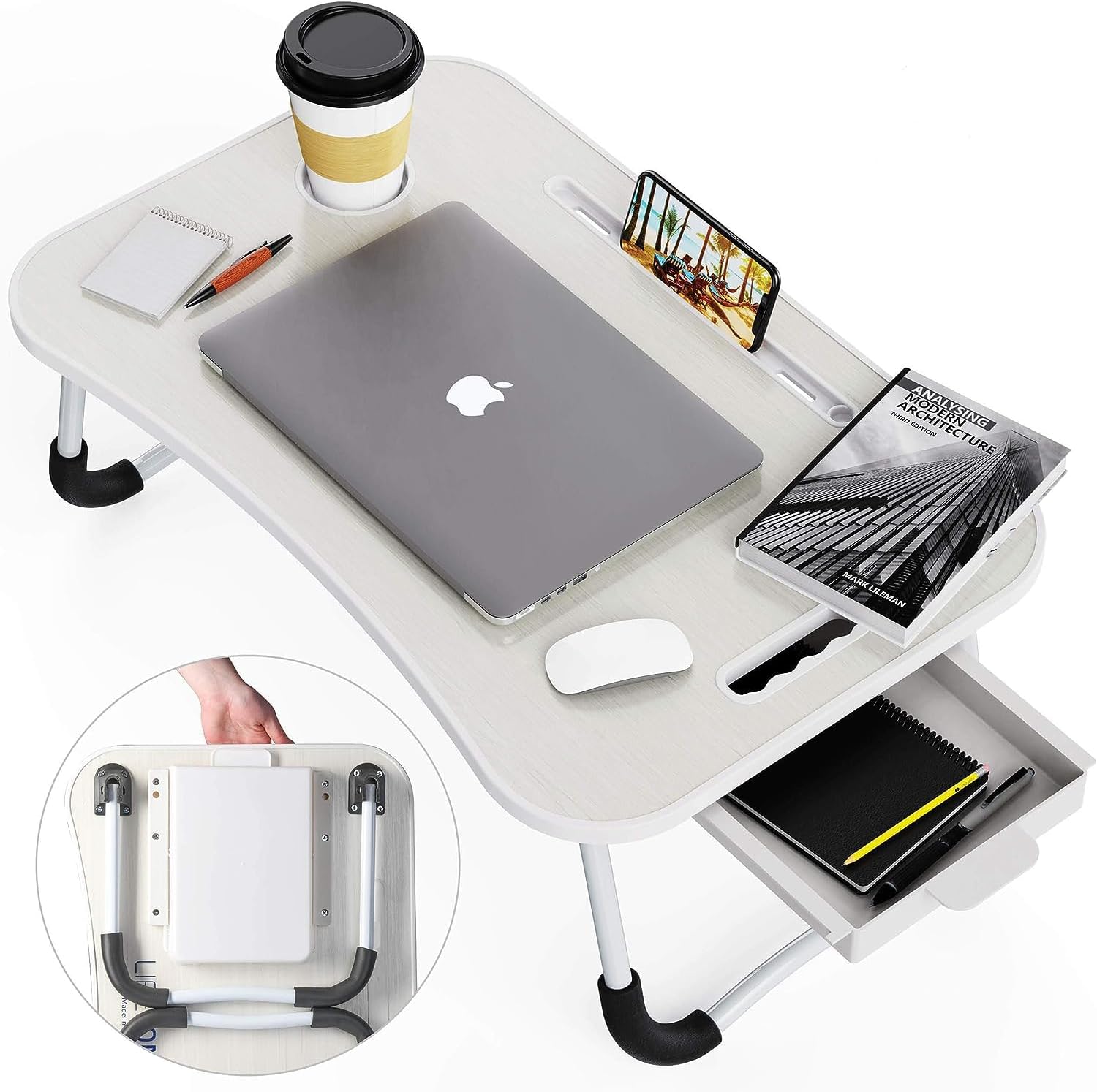 Lap Desk, Foldable Desk Bed Tray, Standing Desk, Laptop Desk, TV Tray Tables for Eating, Bed Table, Bed Desk, Breakfast Tray, Laptop Stand for Bed and Couch, Portable Desk for Dinner, Reading (White)