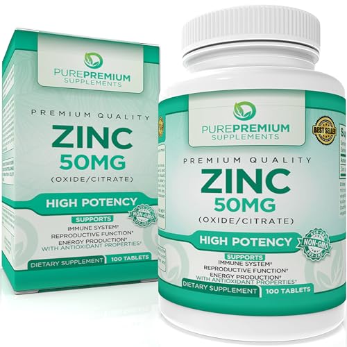 PurePremium Zinc 50mg - Natural Zinc Supplements for Men & Women - Vitamin Zinc Citrate/Oxide for Adults - High Potency Zinc Supplement for Immune Antioxidant, Energy Support - 100 Zinc Tablets
