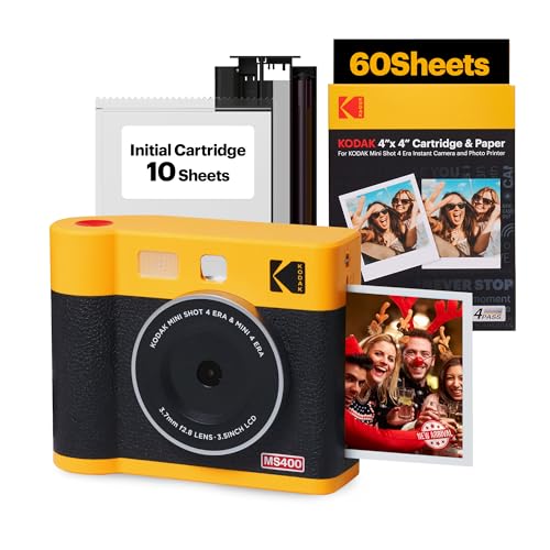 KODAK Mini Shot 4 ERA 4PASS 2-in-1 Instant Camera and Photo Printer (4x4) (Yellow, Camera + 70 Sheets)