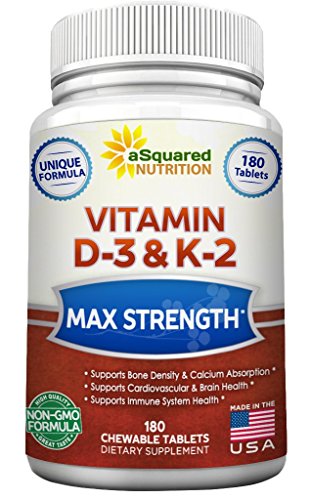 aSquared Nutrition Vitamin D3 with K2 Supplement-180 Chewable Tablets, Max Strength D-3 Cholecalciferol & K-2 MK7 to Support Healthy Bones, Teeth, Heart -Antioxidant D3 & K2 MK-7 Energy Formula Adults