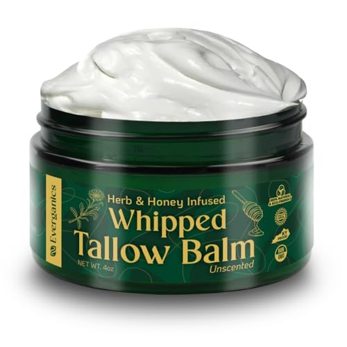 Everganics Organic Whipped Beef Tallow Balm | Infused w/Beneficial Herbs & Manuka Honey | 9 Natural Ingredients for Skin Care | Eczema & Dry Skin Relief | All Skin Types | Unscented 4oz (Large)