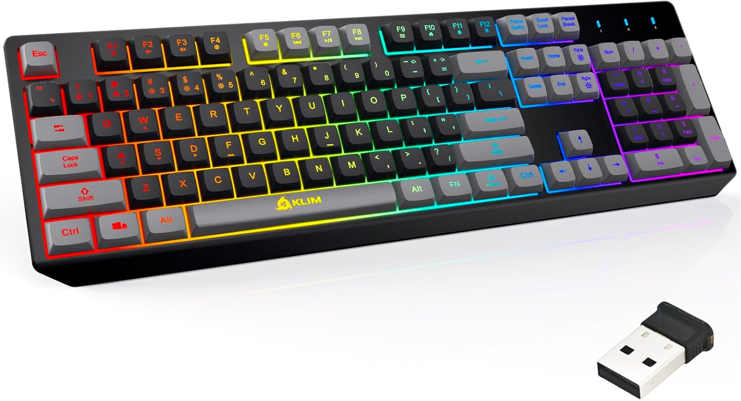 KLIM Chroma Wireless Gaming Keyboard RGB - Backlit Wireless Keyboard - Long-Lasting Rechargeable Battery - Quiet Water Resistant Ergonomic Keyboard - Teclado Gamer - PC PS5 PS4 Mac - Black/Gray Silver
