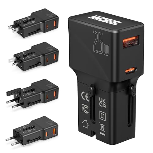 MMOBIEL Universal Travel Adapter 25W – Worldwide Travel Plug Adapter – International Power Adapter with USB-C 25W and USB-A 18W Charging Ports for USA, UK, EU, AUS, CN, JP - Pocket Size