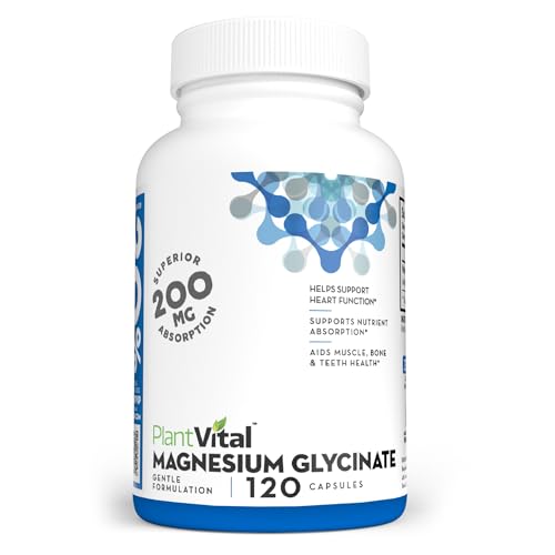 PlantVital Magnesium Glycinate 200mg 120 Capsules - High Absorption, Non-GMO, Vegan, Gluten-Free - Supports Normal Sleep, Muscle & Nerve Function, Normal Heart & Bone Health, Help Feeling Calm & Relax