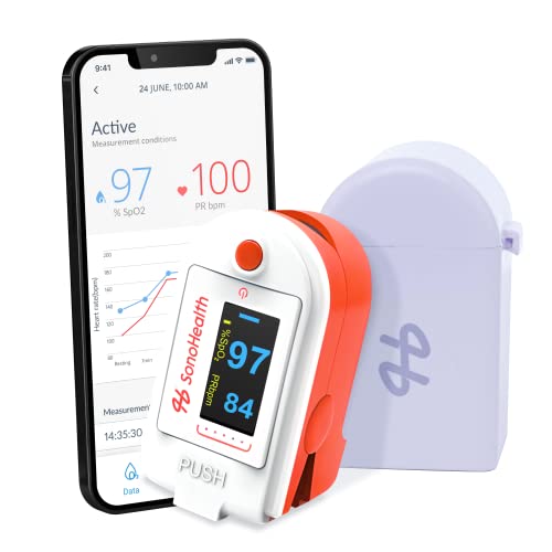 Pulse Oximeter by SonoHealth - Fingertip Blood Oxygen Saturation Monitor, Data Recording, Bluetooth-Enabled - Lifetime Mobile App Access