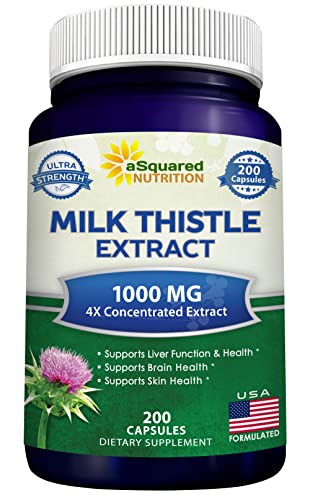 aSquared Nutrition Milk Thistle Supplement 1000mg-200 Capsules,Max Strength 4X Concentrated Extract 4:1 Milk Thistle Seed Powder Herb Pills, 1000 mg Silymarin Extract for Liver Support, Cleanse, Detox