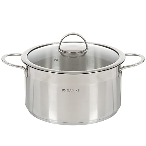 Daniks Bonn Stainless Steel Stock Pot with Glass Lid | Induction 6 Quart | Dishwasher Safe Pot | Measuring Scale | Soup Pasta Stew Pot | Silver