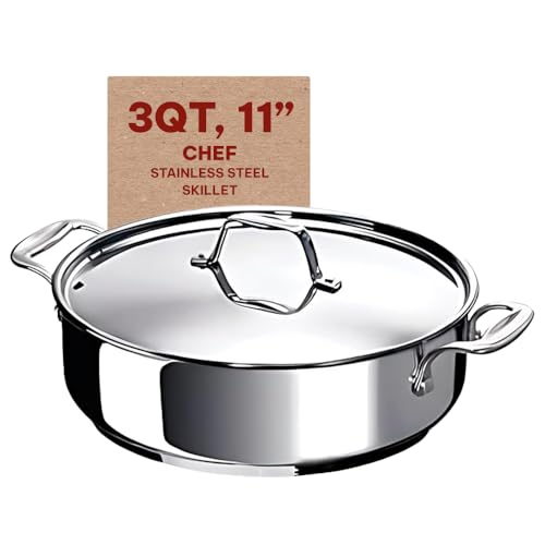 Alva Chef Stainless Steel Saute Frying Pan Skillet with Lid Non Toxic Oven Safe, 11 3 Qt PFAS, PFOA & PFTE Free, for Cooking Pan Set, Induction Safe, Add to Your Pots and Pans Set Cookware