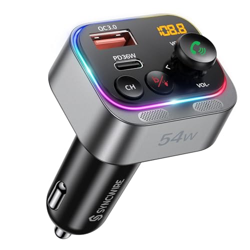 Syncwire Bluetooth 5.4 FM Transmitter Car Adapter 54W (PD 36W & 18W) [Stronger Dual Mics] [Light Switch] [HiFi Bass Sound] [Fast Charging] Wireless Radio Receiver Hands-Free Calling LED Display